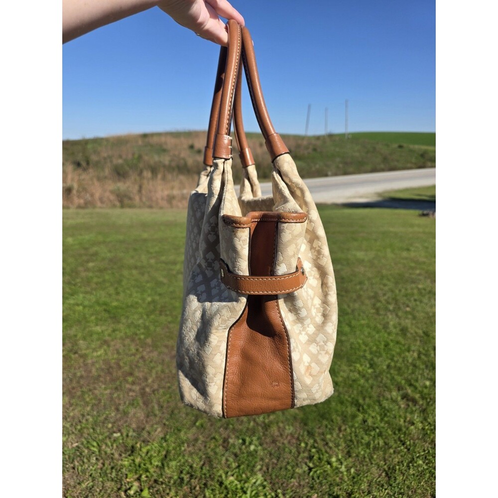 Kate Spade New York Beige Jacquard Logo Satchel Zip, Brown Leather Handles - Picture 2 of 12